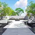 Modern Entrance Gate With Blue Pillar Green Trees And Architectural Design