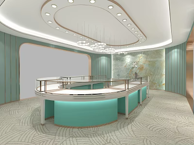 Modern Jewelry Store Interior With Circular Display Counters Light Green Walls And Chandeliers 3d model