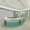 Modern Jewelry Store Interior With Circular Display Counters Light Green Walls And Chandeliers