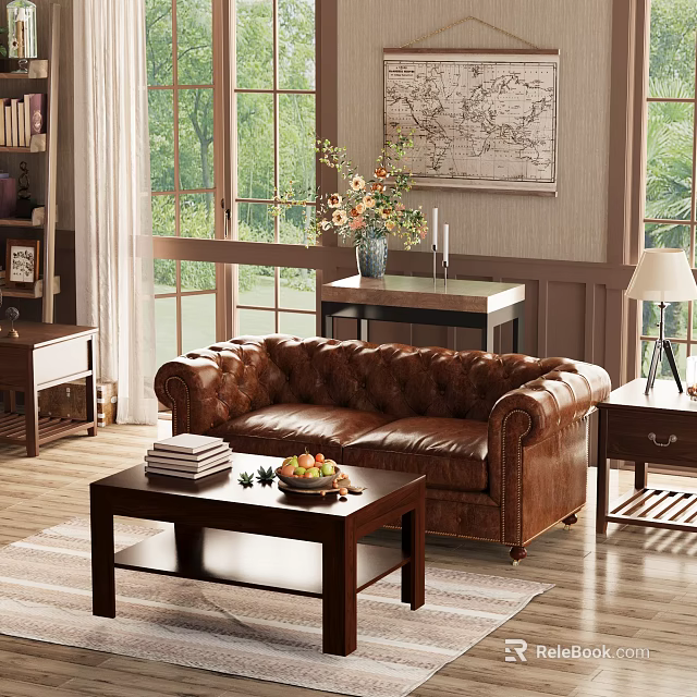 Cozy Living Room Interior With Brown Leather Tufted Sofa Wooden Coffee Table And Natural Light 3d model 