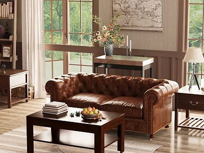 Cozy Living Room Interior With Brown Leather Tufted Sofa Wooden Coffee Table And Natural Light 3d model