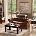 Cozy Living Room Interior With Brown Leather Tufted Sofa Wooden Coffee Table And Natural Light