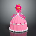 Pink Princess Woman in 3D Model with Crown Pink Dress and White Lace Decorations