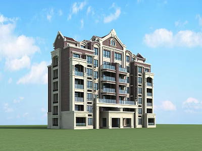 European Style Residential Building With Balconies Brown Beige Exterior Green Lawn And Blue Sky 3d model