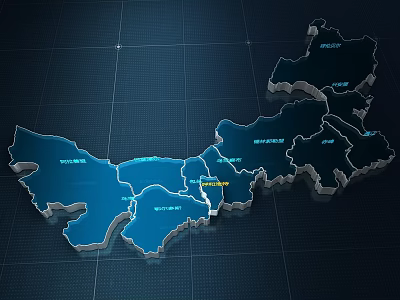 3D Regional Map With Dark Grid Background And Labeled Blue Regions 3d model