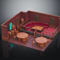 Vintage Tavern Interior With Red Walls Arched Windows Red Banquettes Round Wooden Tables And Barrels