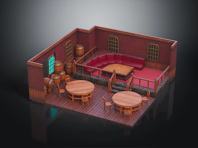 Vintage Tavern Interior With Red Walls Arched Windows Red Banquettes Round Wooden Tables And Barrels 3d model