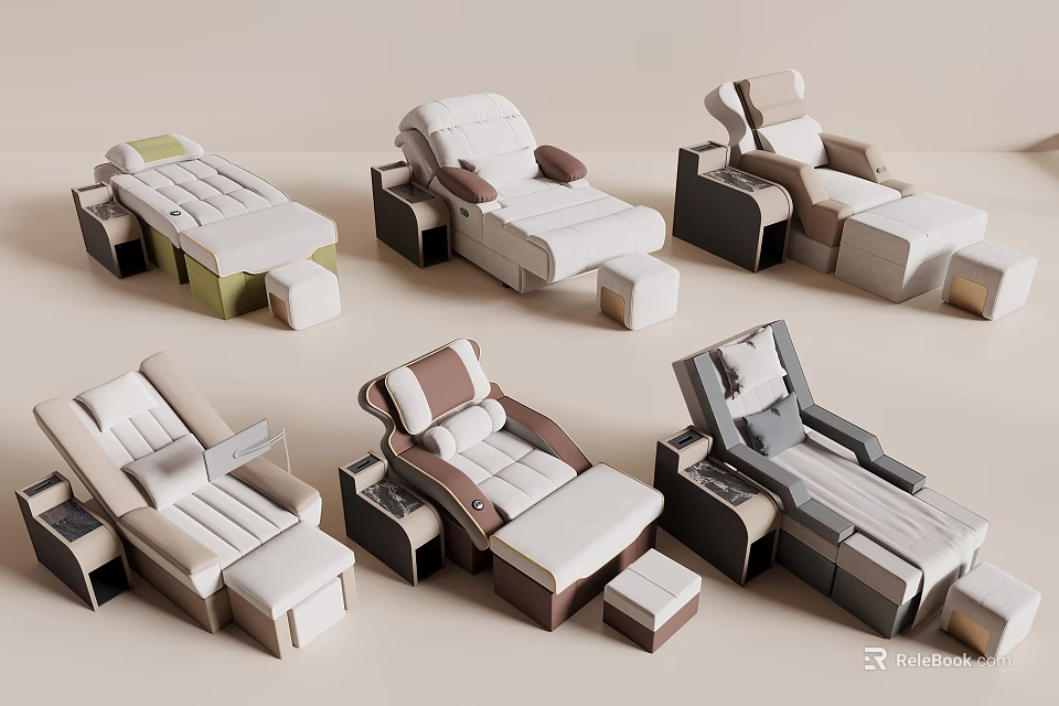 Comfortable Massage Beds with Various Designs Neutral Colors and Footrests for Relaxation and Spa Settings 3d model 