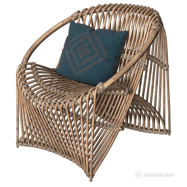 Modern Natural Rattan Leisure Chair With Navy Blue Square Pattern Cushion For Cozy Living Space 3d model 