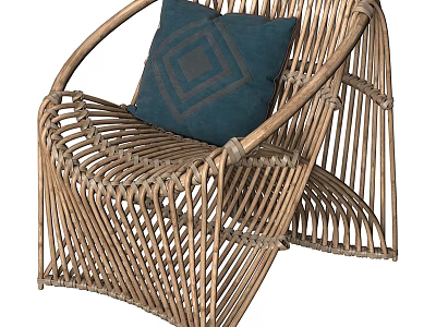 Modern Natural Rattan Leisure Chair With Navy Blue Square Pattern Cushion For Cozy Living Space 3d model