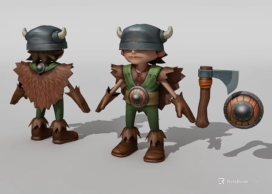 Cartoon Style Game Movie Character With Horned Helmet Green Outfit Axe And Shield 3d model 