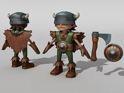 Cartoon Style Game Movie Character With Horned Helmet Green Outfit Axe And Shield 3d model