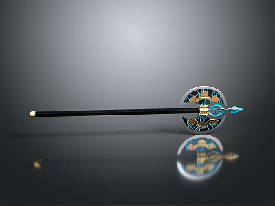 Decorative Polearm With Black Long Pole Circular Blue Gold Patterns Blue Spike And Golden Details 3d model