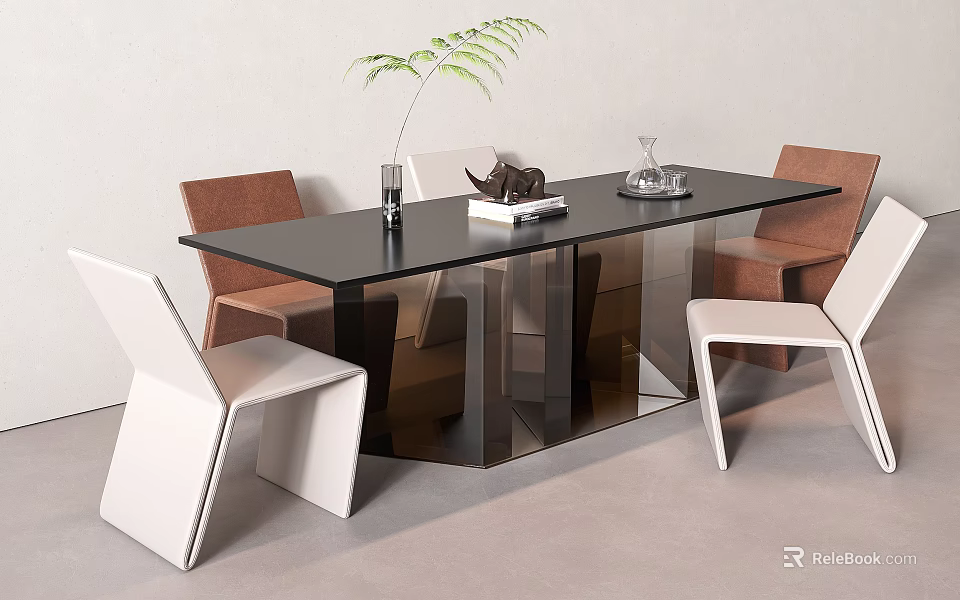 Modern Dining Table Set With Black Tabletop White Brown Chairs Green Plant Vase And Book 3d model 