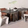 Modern Dining Table Set With Black Tabletop White Brown Chairs Green Plant Vase And Book