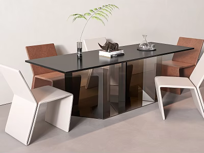 Modern Dining Table Set With Black Tabletop White Brown Chairs Green Plant Vase And Book 3d model