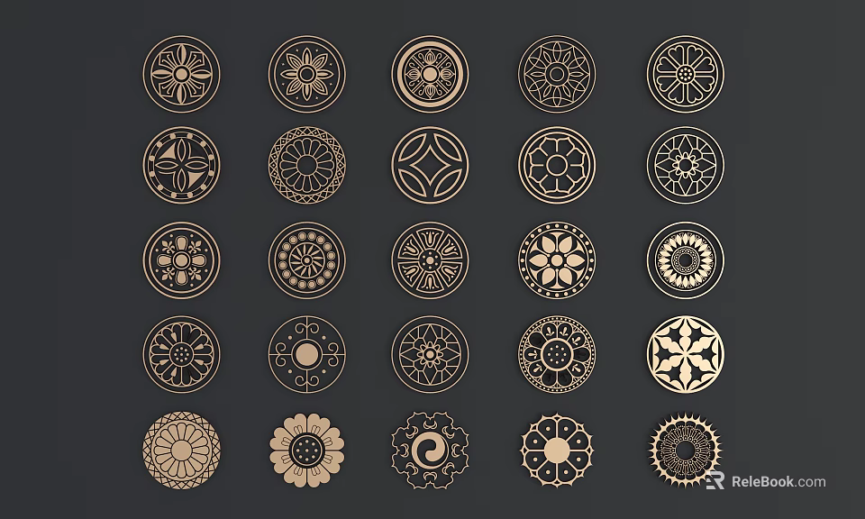 Various Round Decorative Carvings With Artistic Patterns As Ornamental Design Elements 3d model 