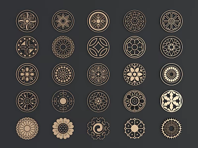 Various Round Decorative Carvings With Artistic Patterns As Ornamental Design Elements 3d model