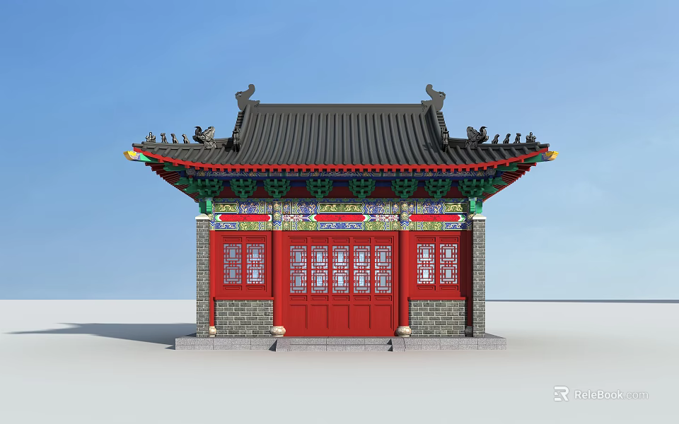 Traditional Chinese Ancient Architecture With Red Doors Black Roof And Colorful Decorations 3d model 