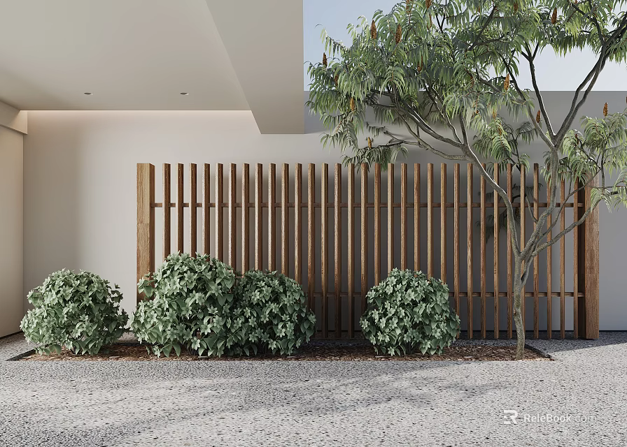 Wooden Fence In Front Of Building With Bushes And Tree 3d model 