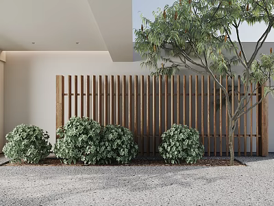 Wooden Fence In Front Of Building With Bushes And Tree 3d model