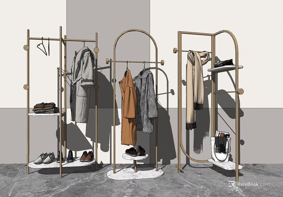 Modern Metal Floor Standing Clothes Rack with Coat Scarf and Shoes Storage Design 3d model 