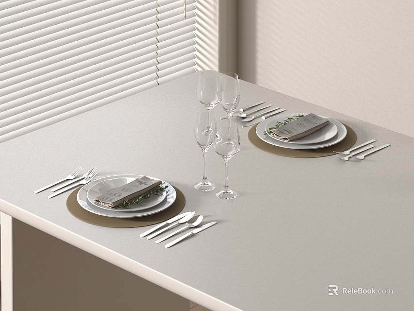 Elegant Dinnerware Set With Plates Cutlery Wine Glasses And Napkins On White Table 3d model 