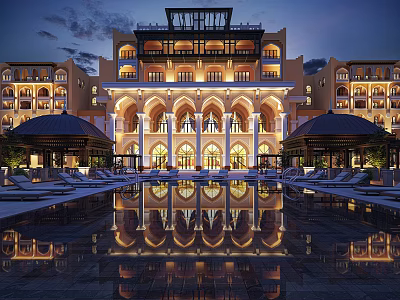 Luxury Hotel Architecture With Arched Design Evening Lighting And Pool Reflection 3d model