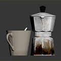 Daily Life Essentials Ceramic Coffee Mug With Stirrer And Rustic Moka Pot 3d model