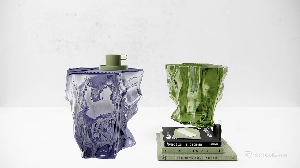 Two Transparent Textured Purple And Green Stools With Stacked Books On White Surface 3d model 