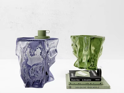 Two Transparent Textured Purple And Green Stools With Stacked Books On White Surface 3d model