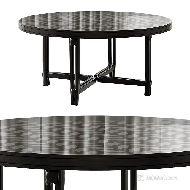 Round Dining Table With Black Legs And Patterned Glass Top 3d model