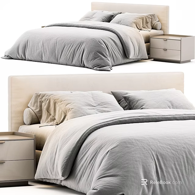Modern Cozy Bedroom With Upholstered Beige Headboard Gray Comforter Pillows And Wooden Nightstand 3d model 