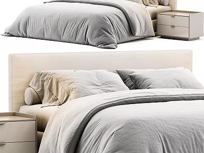 Modern Cozy Bedroom With Upholstered Beige Headboard Gray Comforter Pillows And Wooden Nightstand 3d model