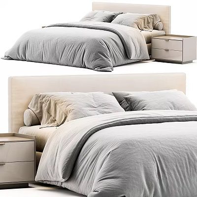 Modern Cozy Bedroom With Upholstered Beige Headboard Gray Comforter Pillows And Wooden Nightstand 3d model