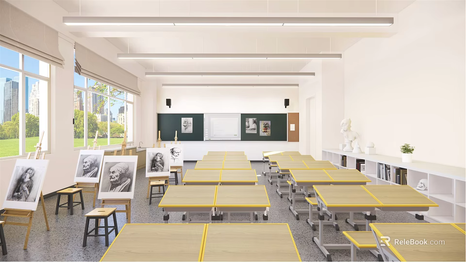 School Art Classroom With Easels Paintings Student Desks Whiteboard And Large Windows 3d model 
