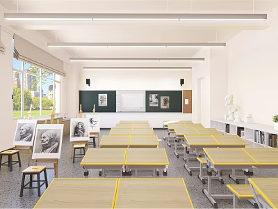 School Art Classroom With Easels Paintings Student Desks Whiteboard And Large Windows 3d model