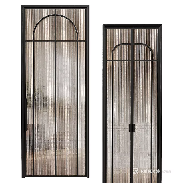 Modern Swing Door With Black Frame And Linear Glass Panel Design 3d model