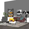 Modern Living Room Sofa and Coffee Table Set With Bookshelf Artwork Floor Lamp and Rug