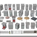 Various Types of Miniature Architectural Models Including Booths Umbrellas and Fences