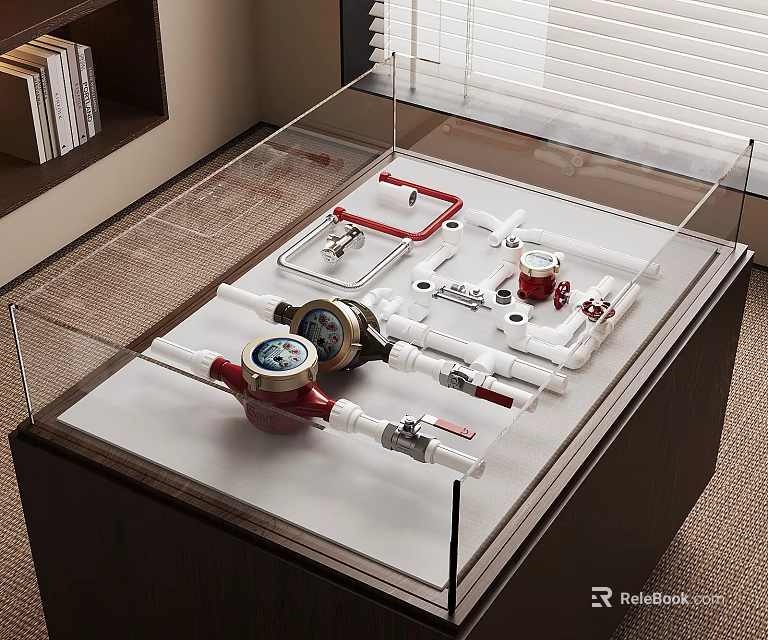 Various Red And White Pipe Fittings With Pressure Gauges In Glass Display Case 3d model 