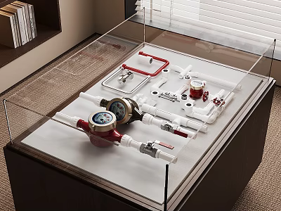 Various Red And White Pipe Fittings With Pressure Gauges In Glass Display Case 3d model