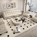 Modern Beige Tufted Sofa and Coffee Table Set with Armchairs Ottomans Checkered Rug 3d model