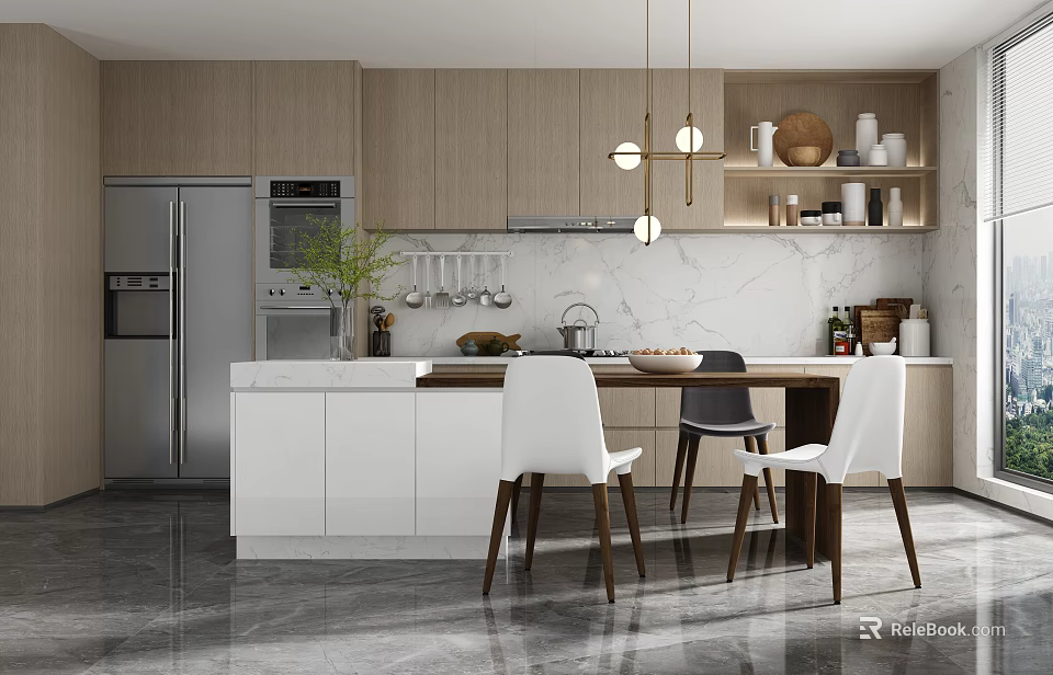 Modern Kitchen Interior Design With Wooden Cabinets Marble Island Countertop Chairs And Hanging Lights 3d model 