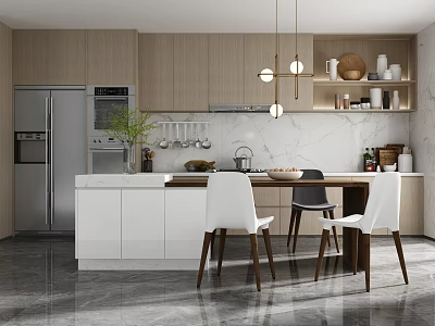Modern Kitchen Interior Design With Wooden Cabinets Marble Island Countertop Chairs And Hanging Lights 3d model