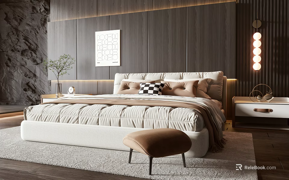 Modern Double Bed in Stylish Bedroom Wooden Wall Ambient Lighting Plush Pillows Brown Ottoman 3d model 