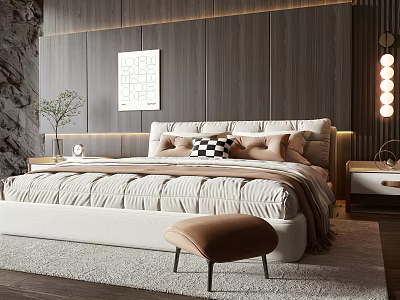 Modern Double Bed in Stylish Bedroom Wooden Wall Ambient Lighting Plush Pillows Brown Ottoman 3d model