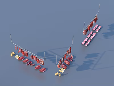 Fresh Meat Display Featuring Hanging Cuts and Arranged Pieces on Blue Background 3d model