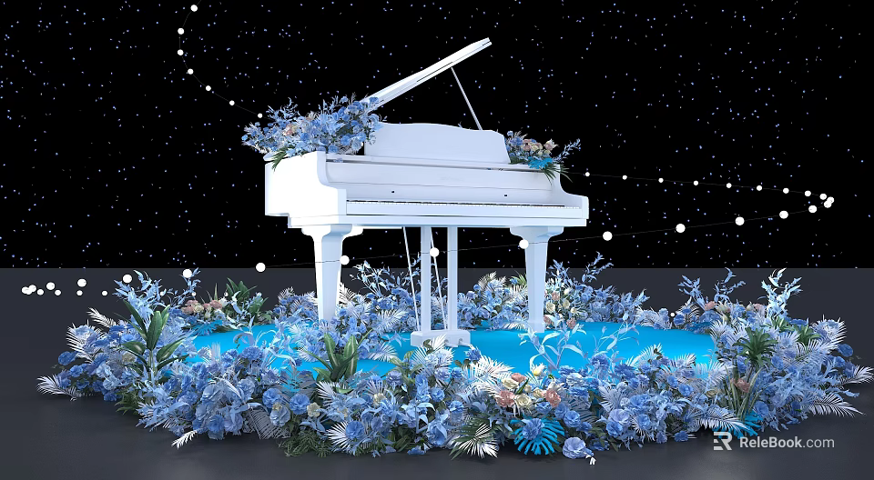 Floral Decoration Display With White Piano Surrounded By Blue Flowers And Starry Backdrop 3d model 