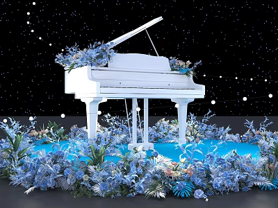 Floral Decoration Display With White Piano Surrounded By Blue Flowers And Starry Backdrop 3d model